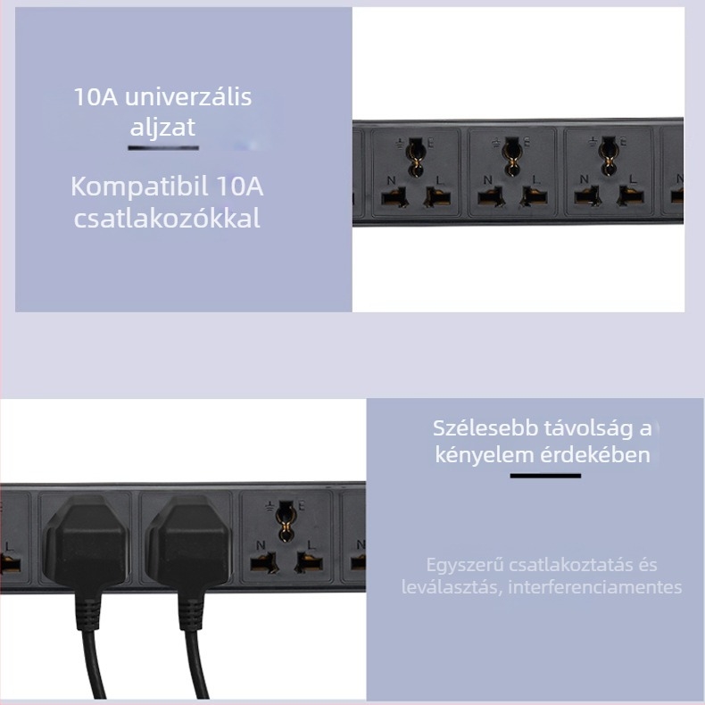 Kábeles aljzat PDU szekrényhez, 10A, 2500W, lángálló PC ház, számítógépes szekrényhez