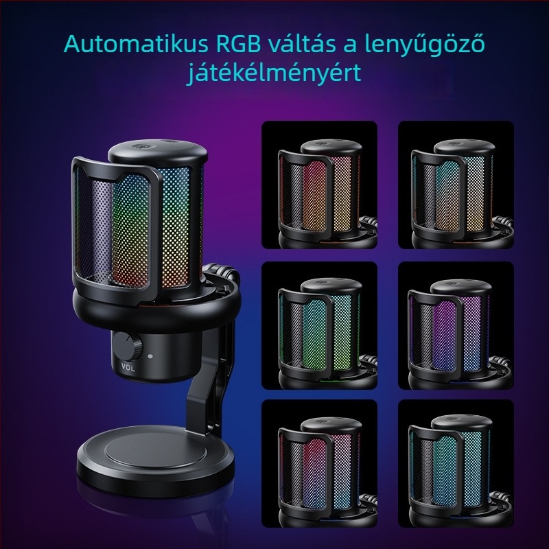 V1Pro kondenzátoros mikrofon élő közvetítéshez és számítógépes felvételhez, vezeték nélküli, RGB világítás, frekvenciasáv 60 Hz–15 kHz, SNR ≥60 dB, omnidirekcionális