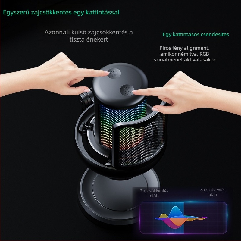 V1Pro kondenzátoros mikrofon élő közvetítéshez és számítógépes felvételhez, vezeték nélküli, RGB világítás, frekvenciasáv 60 Hz–15 kHz, SNR ≥60 dB, omnidirekcionális