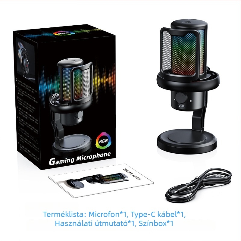 V1Pro kondenzátoros mikrofon élő közvetítéshez és számítógépes felvételhez, vezeték nélküli, RGB világítás, frekvenciasáv 60 Hz–15 kHz, SNR ≥60 dB, omnidirekcionális