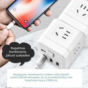 USB töltő kocka alakú elosztó, több dugaszoló aljzattal, 220V, 2500W, CCC tanúsítvány