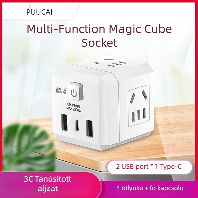 USB töltő kocka alakú elosztó, több dugaszoló aljzattal, 220V, 2500W, CCC tanúsítvány
