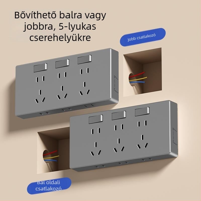 Felszínre szerelt bővítő aljzat 21 lyukkal, kapcsolható tápegység, foszfor-bronz test, 10 A, 250 V AC, egymodulos, többlyukas kialakítás