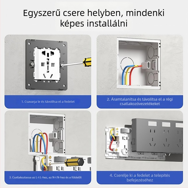 Felszínre szerelt bővítő aljzat 21 lyukkal, kapcsolható tápegység, foszfor-bronz test, 10 A, 250 V AC, egymodulos, többlyukas kialakítás