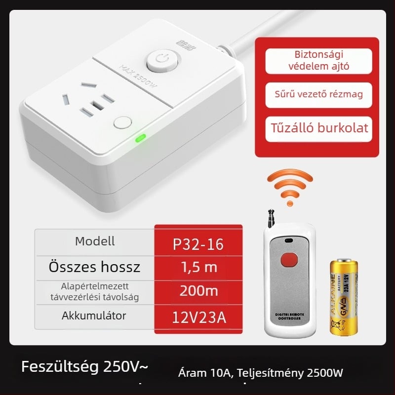 Pucai vezeték nélküli távirányítós aljzat, 220V, 10A, 2500W, biztonsági védelemmel