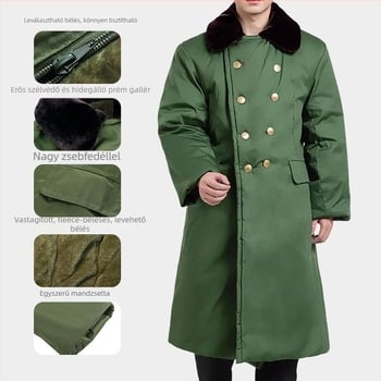 Katonai stílusú hosszú kabát, polár fleece anyagból, meleg, egyszínű, téli, D-stílus