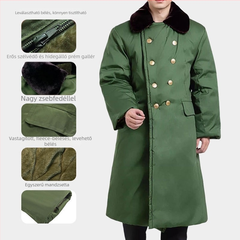 Katonai stílusú hosszú kabát, polár fleece anyagból, meleg, egyszínű, téli, D-stílus