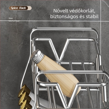 3-szintes rozsdamentes acél konyhai fűszerrács, ferde polcokkal a pultra, mozgatható, fúrás nélkül