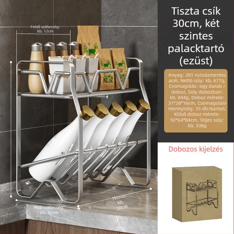 3-szintes rozsdamentes acél konyhai fűszerrács, ferde polcokkal a pultra, mozgatható, fúrás nélkül