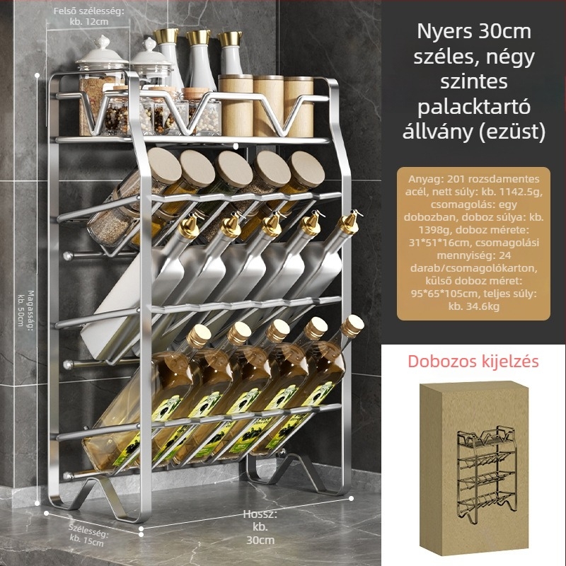 3-szintes rozsdamentes acél konyhai fűszerrács, ferde polcokkal a pultra, mozgatható, fúrás nélkül