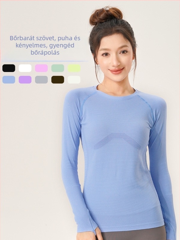 Női jóga felső edzéshez, karcsú fazon, magas rugalmasság, kerek nyakú, hosszú ujjú, gyorsan száradó