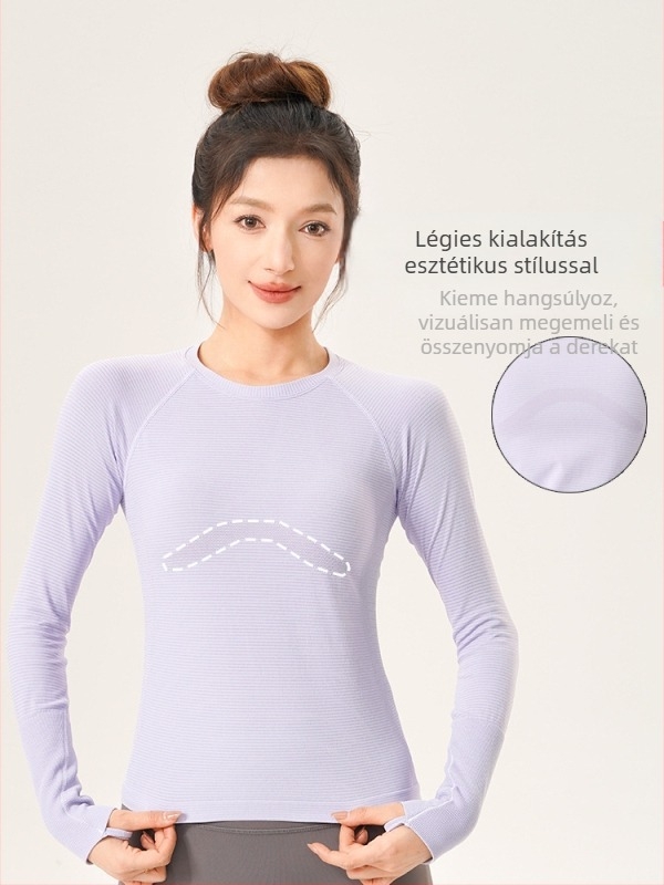 Női jóga felső edzéshez, karcsú fazon, magas rugalmasság, kerek nyakú, hosszú ujjú, gyorsan száradó