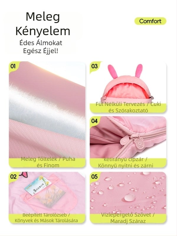 Gyerekeknek való kemping alvózsák – borítékstílus, poliészter töltet, bélés és anyag, súly 850 g, gyerekeknek