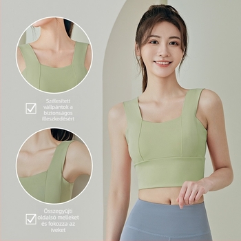 Széles vállú sportmelltartó futáshoz, edzéshez és jóga gyakorláshoz; formázott, teljes kosár; rögzített dupla vállpántok; acélgyűrű nélkül; Anyag: 82.5% poliészter, 17.5% spandex; bélés: spandex.