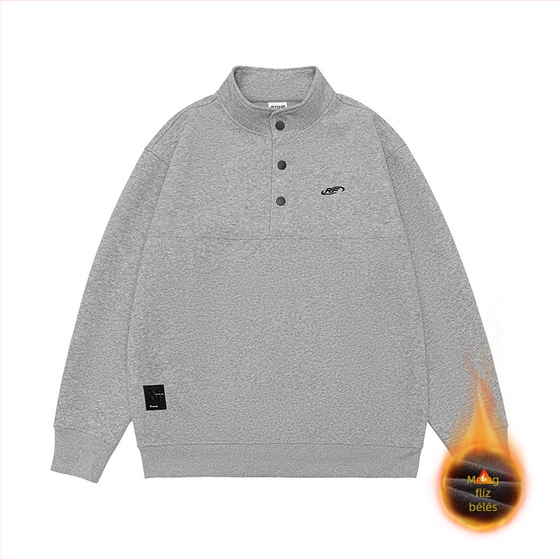 Meleg fleece pulóver felső álló gallérral, előröl gombos záródás, laza szabás, hímzett applikációkkal