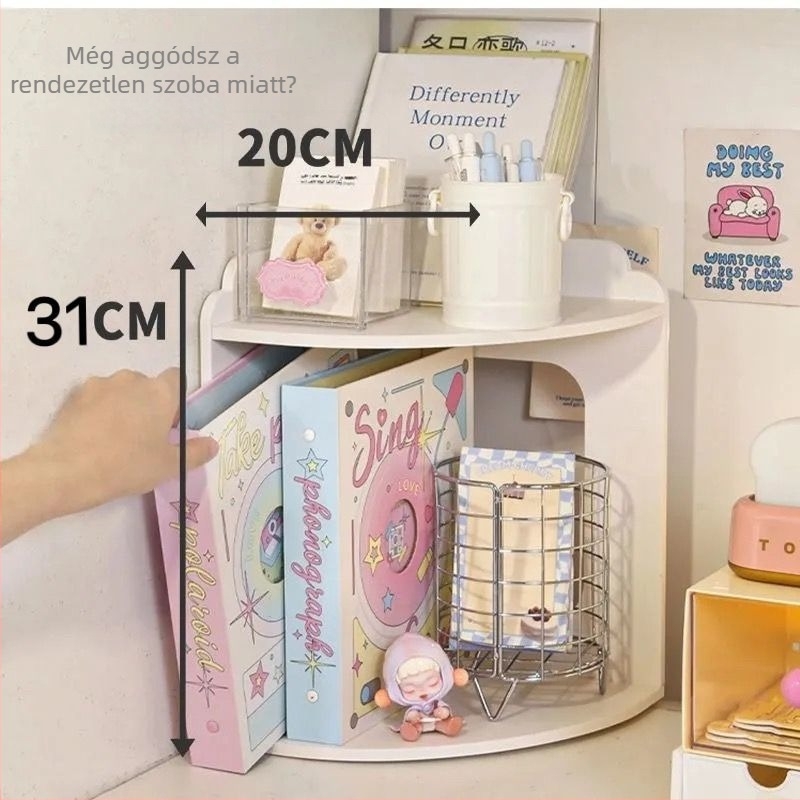 Íróasztal sarokba illeszkedő, többszintű tárolópolc – mesterséges lemez, modern minimalista stílus, testreszabott minták, szerelést nem igényel
