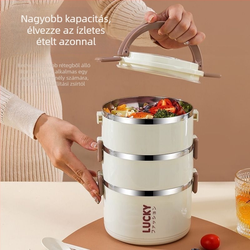 Kétrétegű hőszigetelt ebédes doboz, kör alakú, élelmiszer-minőségű műanyagból, 1–2 L kapacitás, fedél, hordozható, mikrohullámú sütő nem alkalmas