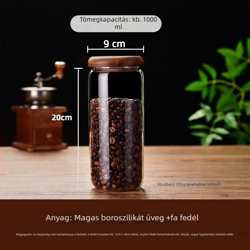 Boroszilikát üveg cukortartó fa fedéllel, hengeres alak, 301–500 ml kapacitás, mikrohullámú sütőbe tehető