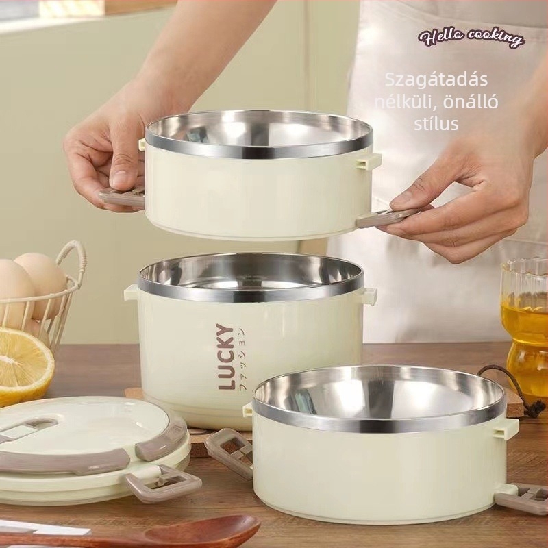 Kétszintes kerámiás ebédes doboz fedővel, kör alakú, 301-500 ml, gyermekeknek, mikrohullámú sütőben nem használható