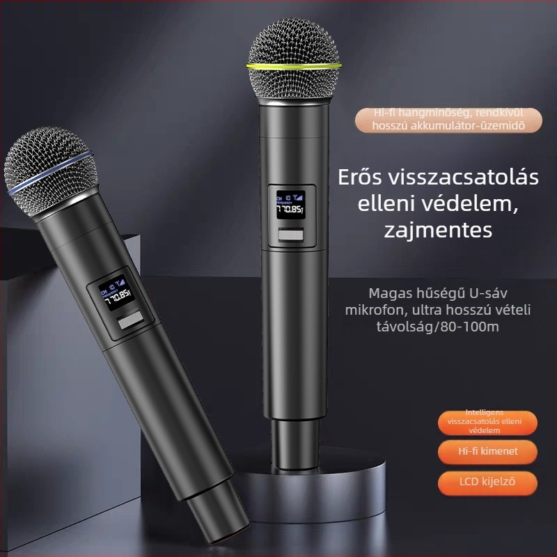 UHF kétcsatornás vezeték nélküli mikrofonrendszer vevővel, modell tv1500, beépített akkumulátor 500–800 mAh, frekvenciaválasz 100 Hz–20 kHz, SNR ≥75 dB