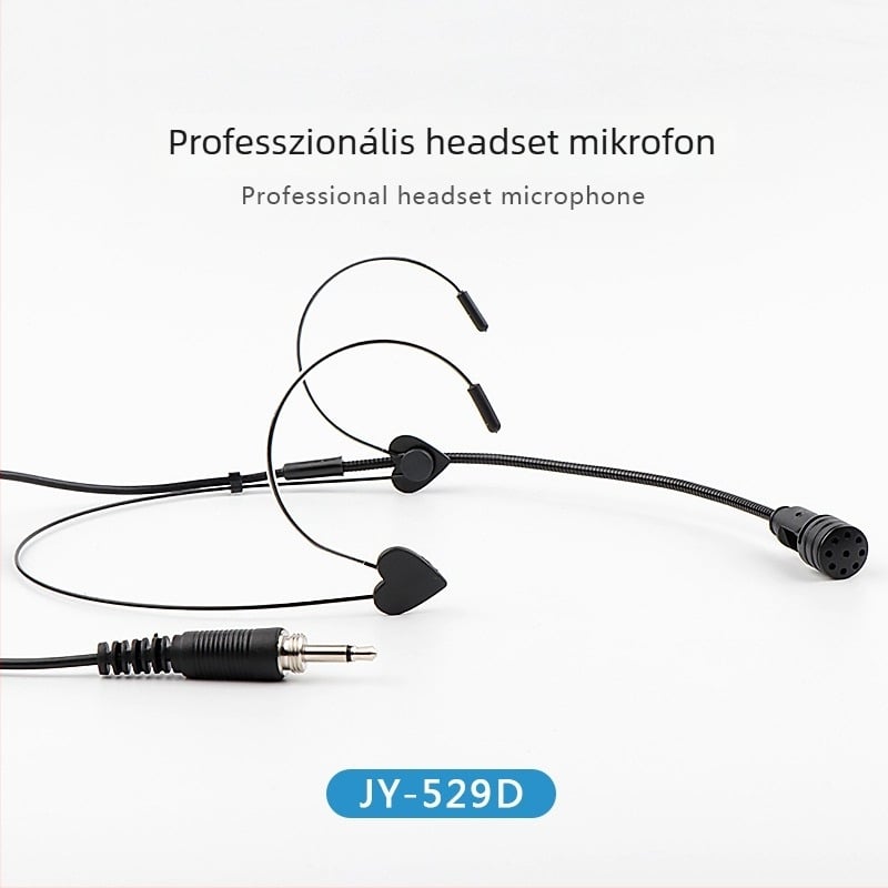 Fejre rögzített, vezetékes mikrofon fejhallgatóval, Junyin JY-529D; frekvenciasáv 20 Hz–20 kHz; SNR ≥75 dB; kábelhossz 1 m; névleges teljesítmény 5 W
