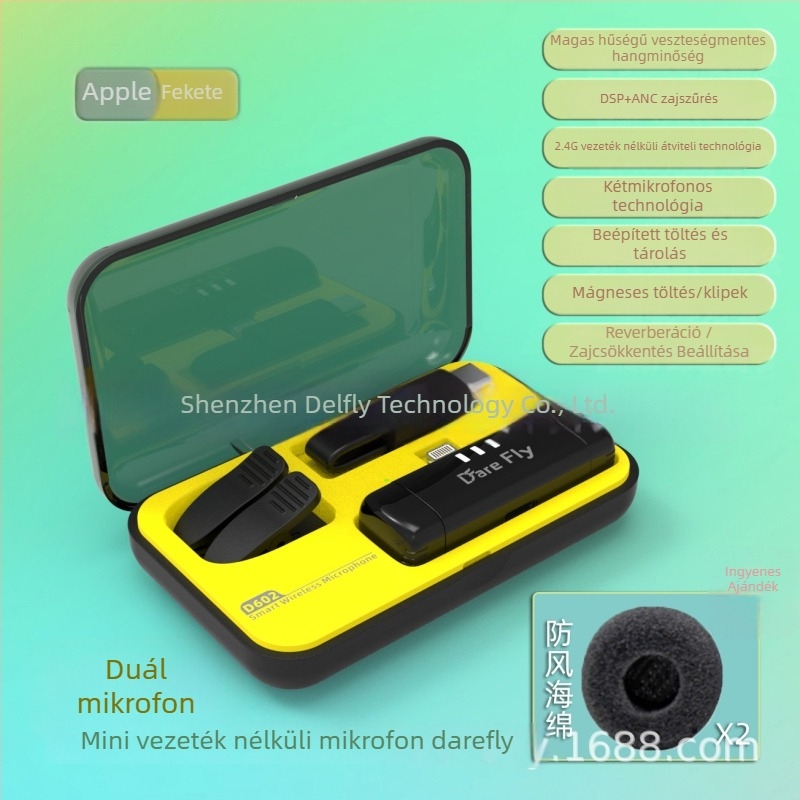 D602 Lavalier mikrofon beépített akkumulátorral, 300–500 mAh, frekvenciatartomány 30 Hz–15 kHz, SNR kevesebb mint 60 dB, üzemidő 1–3 óra, élő közvetítéshez és termékfelvételekhez