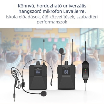 Lapel mikrofon kardioid, UHF 600-950MHz, cserélhető 300-500mAh akkumulátor, üzemidő 1-3 óra