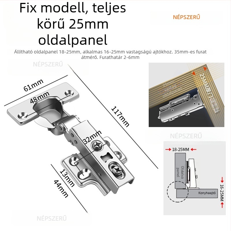 HITE szekrényajtó pánt, rozsdamentes acél, hidraulikus csillapítás, eltávolítható