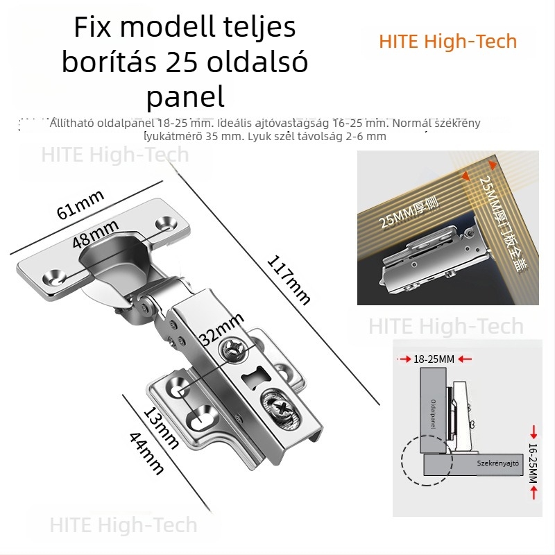 HITE szekrényajtó pánt, rozsdamentes acél, hidraulikus csillapítás, eltávolítható