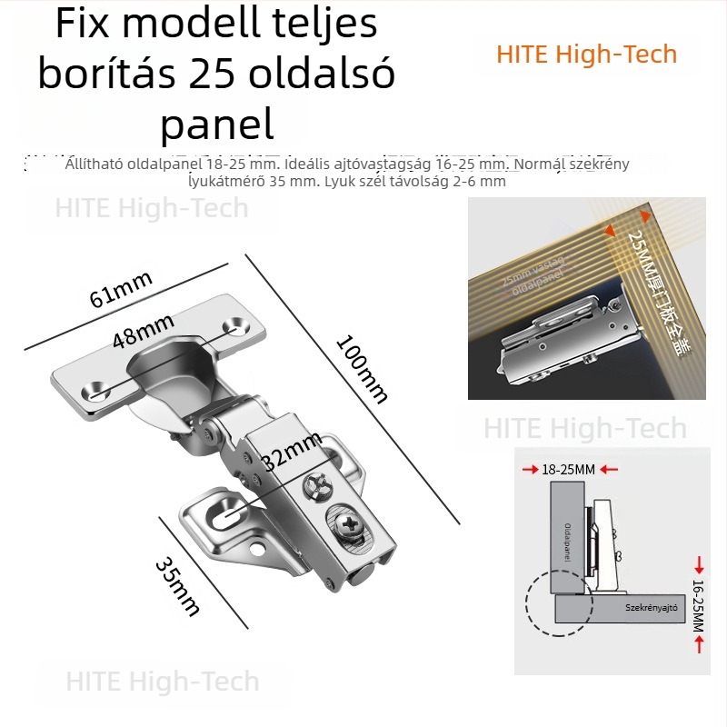HITE szekrényajtó pánt, rozsdamentes acél, hidraulikus csillapítás, eltávolítható