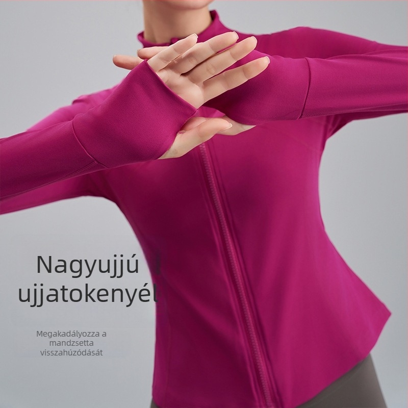 Női állógalléros karcsúsított jóga kabát, anyag Nylon 80% + Spandex 20% (kémiai rostok keveréke), bélés 20% Spandex, hosszú ujjú, fitnesz ruházat