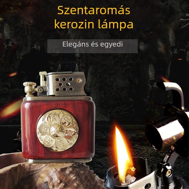 Kerozin-öngyújtó, fémből készült test és rózsafa burkolat, szélálló, gravírozható logó, ajándékdoboza opció