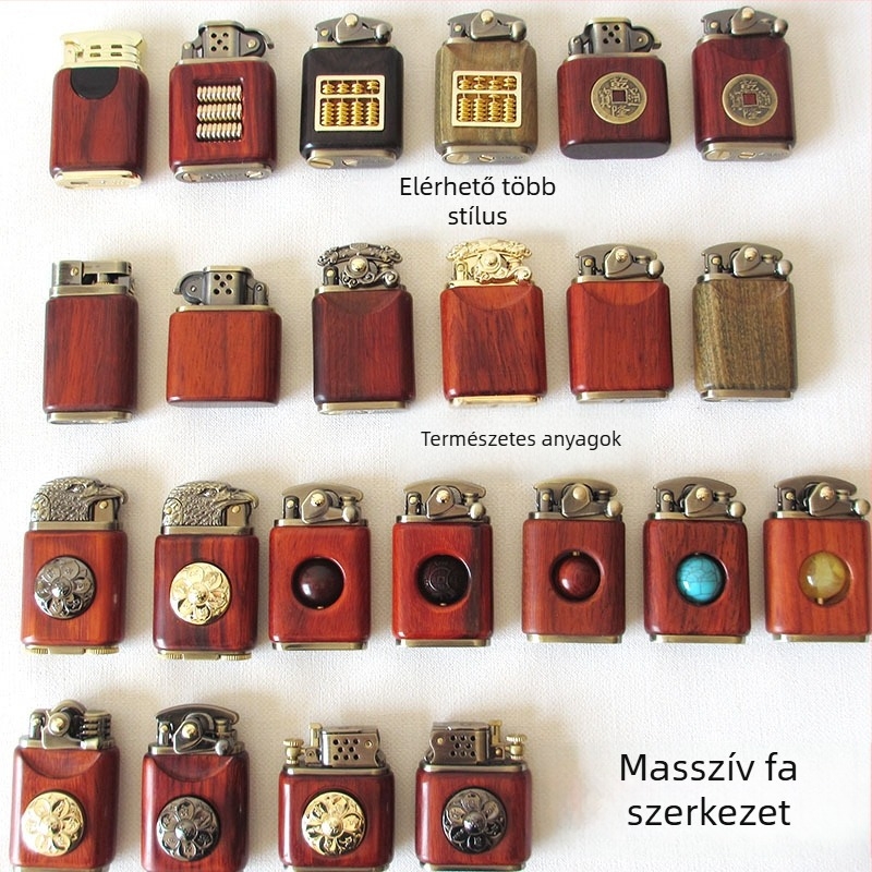 Kerozin-öngyújtó, fémből készült test és rózsafa burkolat, szélálló, gravírozható logó, ajándékdoboza opció