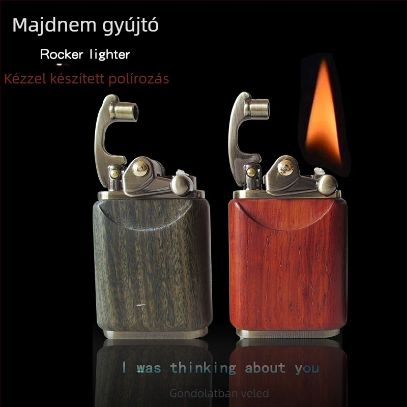 Kerozin-öngyújtó, fémből készült test és rózsafa burkolat, szélálló, gravírozható logó, ajándékdoboza opció