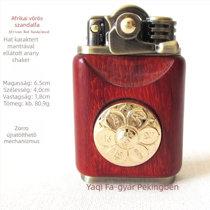 Kerozin-öngyújtó, fémből készült test és rózsafa burkolat, szélálló, gravírozható logó, ajándékdoboza opció