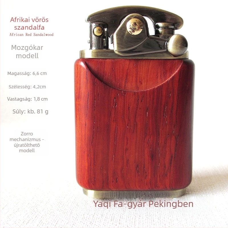 Kerozin-öngyújtó, fémből készült test és rózsafa burkolat, szélálló, gravírozható logó, ajándékdoboza opció