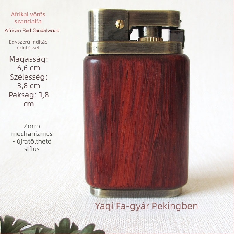 Kerozin-öngyújtó, fémből készült test és rózsafa burkolat, szélálló, gravírozható logó, ajándékdoboza opció
