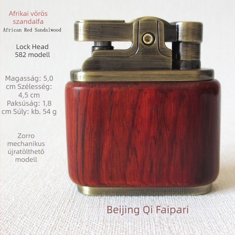 Kerozin-öngyújtó, fémből készült test és rózsafa burkolat, szélálló, gravírozható logó, ajándékdoboza opció