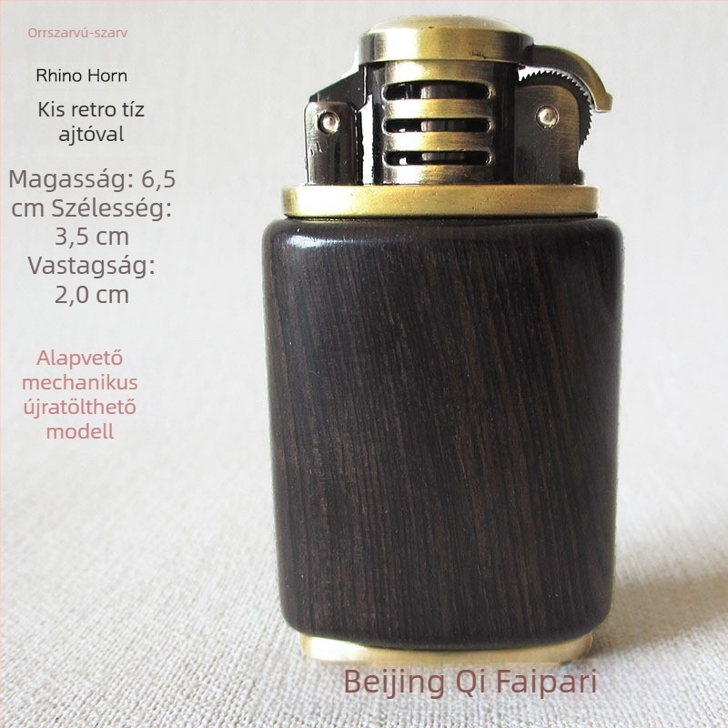 Kerozin-öngyújtó, fémből készült test és rózsafa burkolat, szélálló, gravírozható logó, ajándékdoboza opció