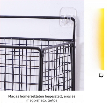 Fali tároló polc telepítés nélkül; kampóval rögzítés; 1 réteg; kovácsoltvas felületű bevonat; alkalmas fürdőszobára, konyhára, sminkre, hálószobára és nappalira.