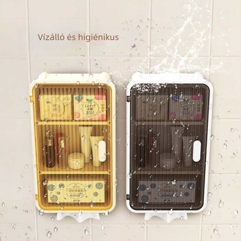 Fürdőszobai falra szerelhető szekrény, fúrás nélküli, műanyag, 3 rétegű tároló, WC-papír tartó, vízálló, modern minimál stílus