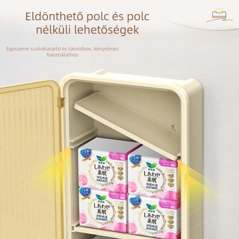Fürdőszobai falra szerelhető szekrény, fúrás nélküli, műanyag, 3 rétegű tároló, WC-papír tartó, vízálló, modern minimál stílus