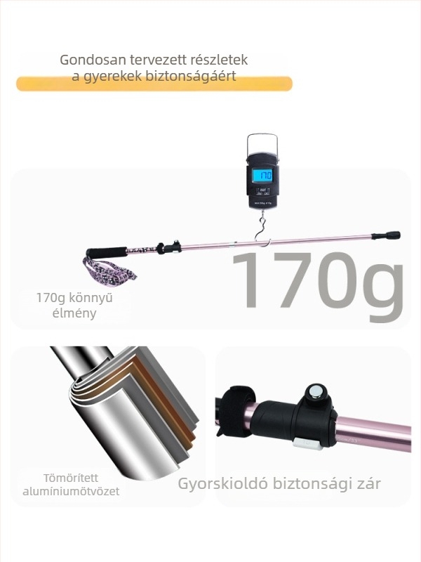 Gyerekeknek szánt túrabot, alumíniumötvözet, 170 g, 3 részes, külső zárómechanizmus, egyenes markolat