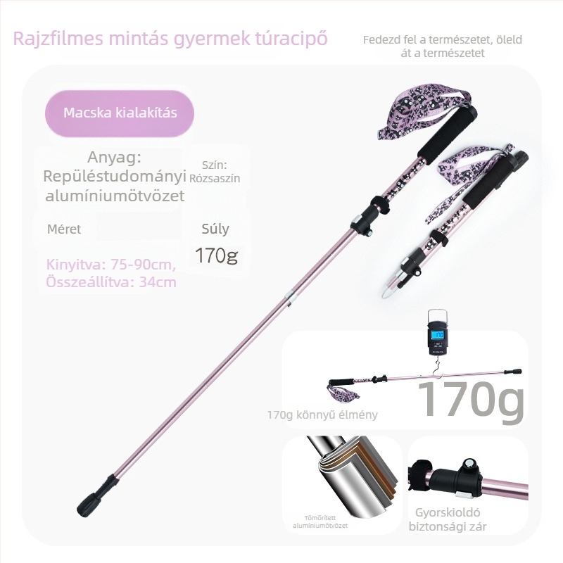 Gyerekeknek szánt túrabot, alumíniumötvözet, 170 g, 3 részes, külső zárómechanizmus, egyenes markolat