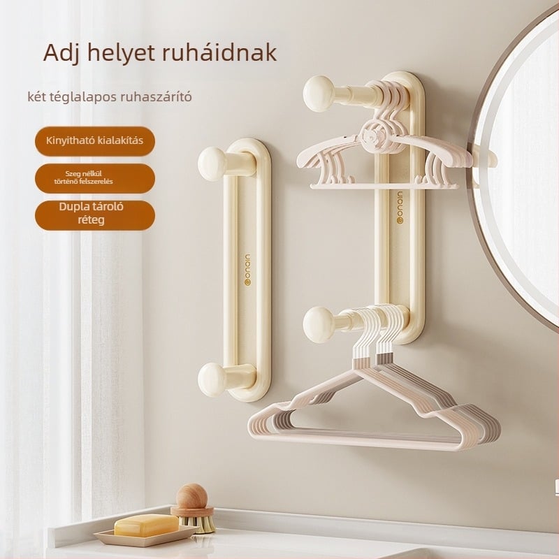 Kinyúló ruhatartó tároló keret falra – lyukasztás nélküli, ABS, 2 réteg, vákuumos rögzítés