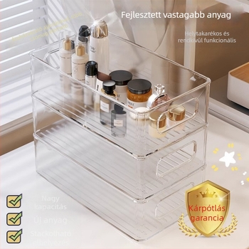Asztali tároló doboz, átlátszó PET műanyagból, egymásba rakható szervező kozmetikumok, bőrápolás és maszkok számára