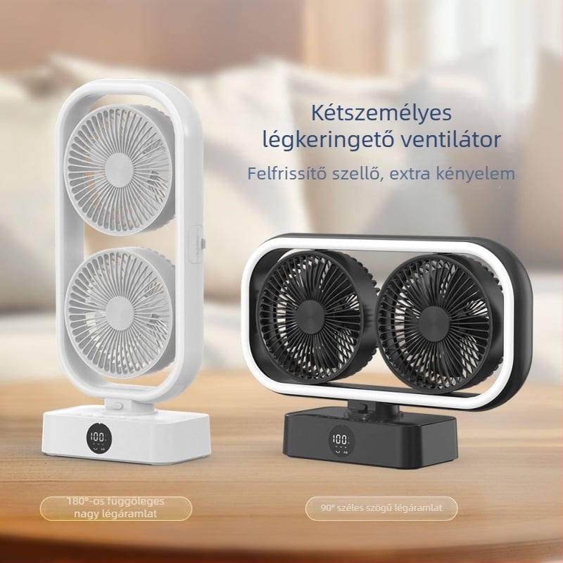 Asztali ventilátor kettős fejjel és világítással - USB táplálású, 5V, 10W, csendes működés, távvezérlés