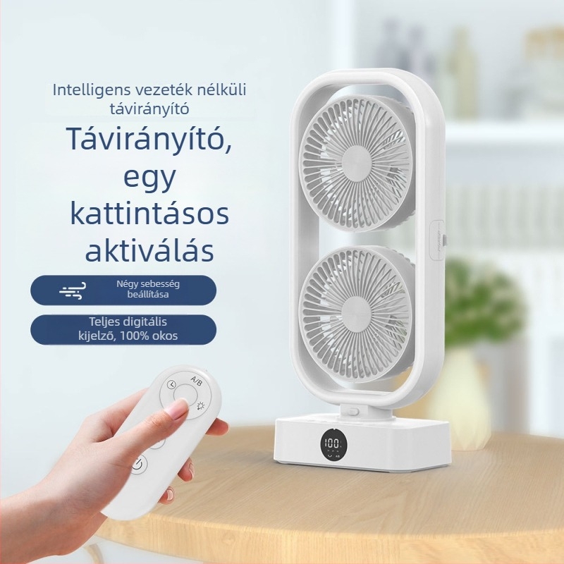 Asztali ventilátor kettős fejjel és világítással - USB táplálású, 5V, 10W, csendes működés, távvezérlés