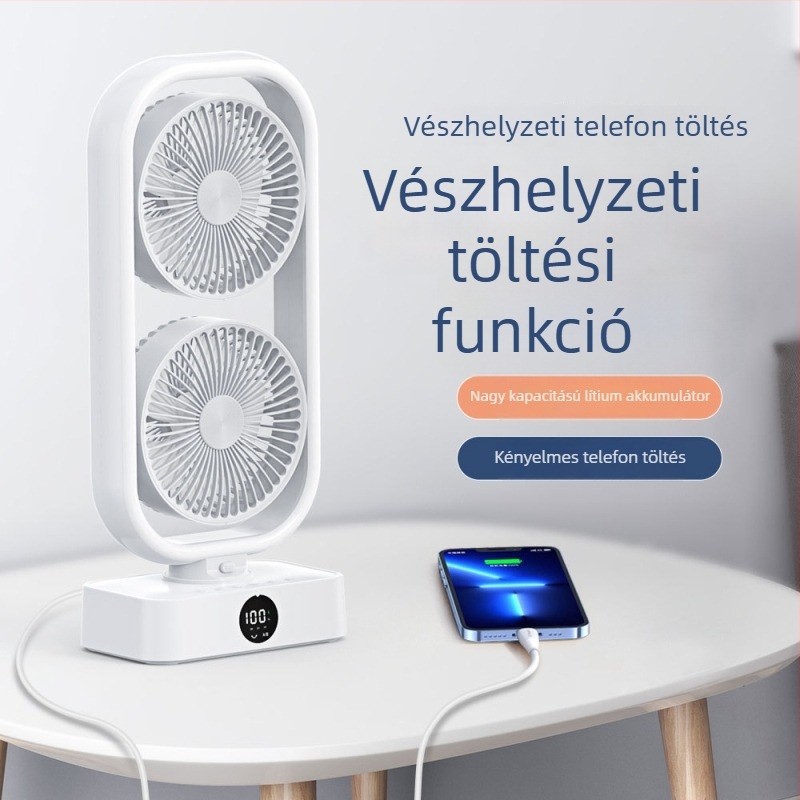 Asztali ventilátor kettős fejjel és világítással - USB táplálású, 5V, 10W, csendes működés, távvezérlés