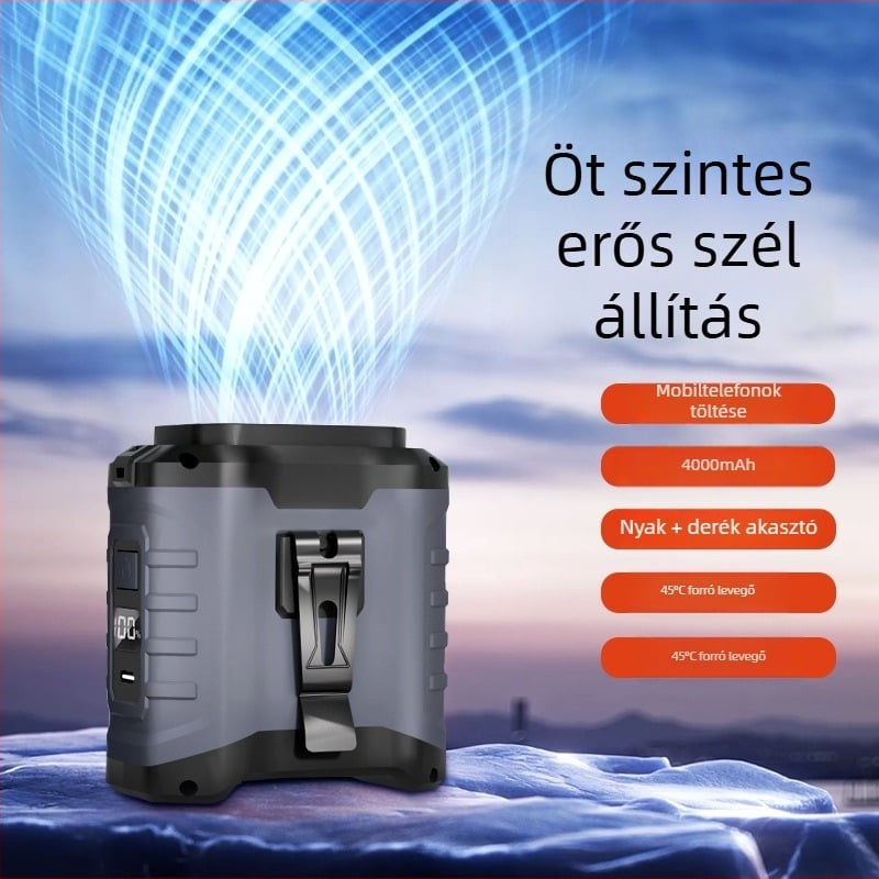 Oldalra csatolható kültéri ventilátor USB-s töltéssel, beépített 6000mAh akkumulátor, brushless motor, 5 sebesség, üzemidő több mint 12 óra